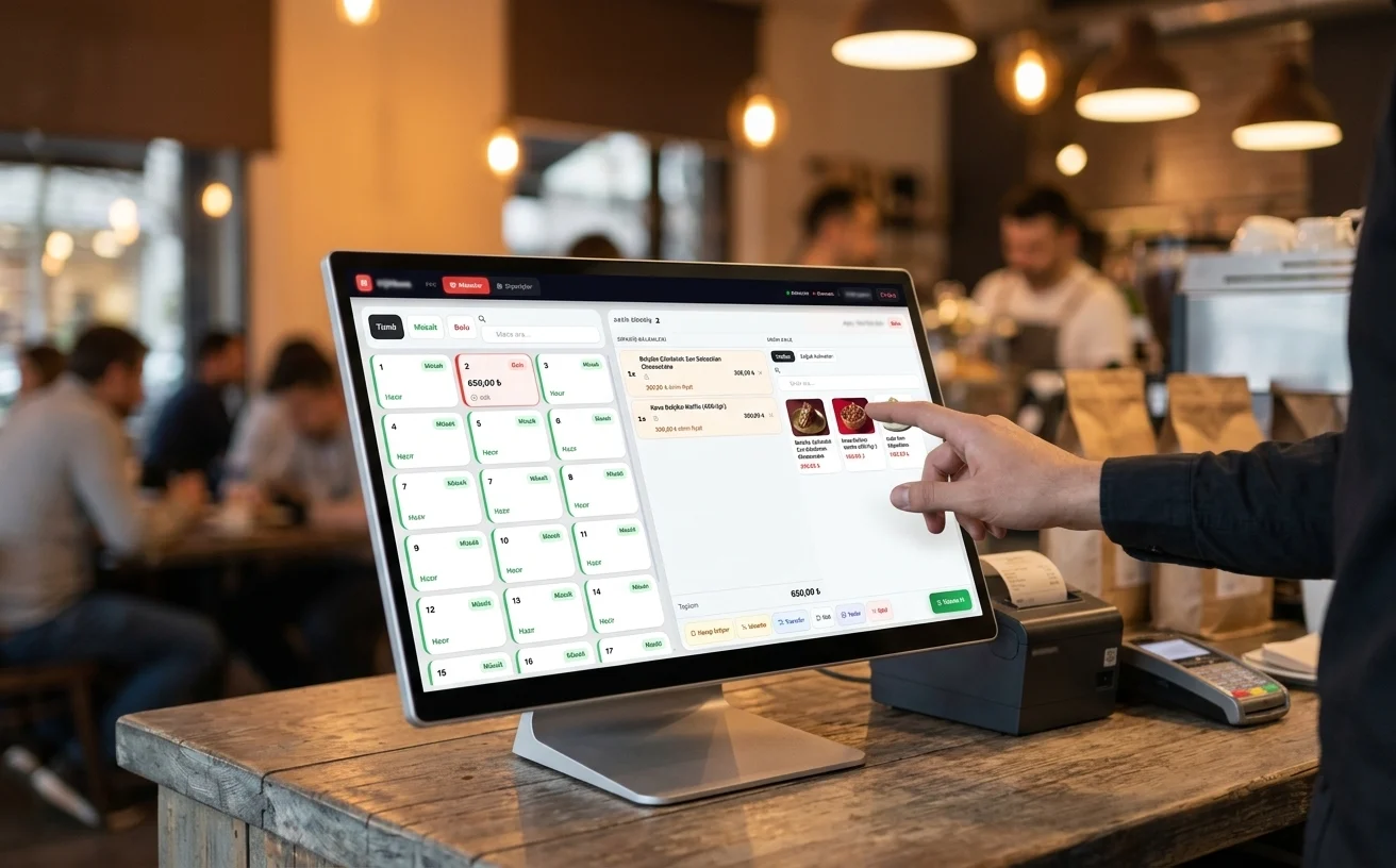 Kafe tezgâhındaki dokunmatik ekranda DijiMasa masa planı ve adisyon