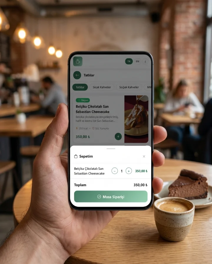 Kafede müşterinin telefonunda DijiMenüm QR menü sepeti ve masa siparişi butonu