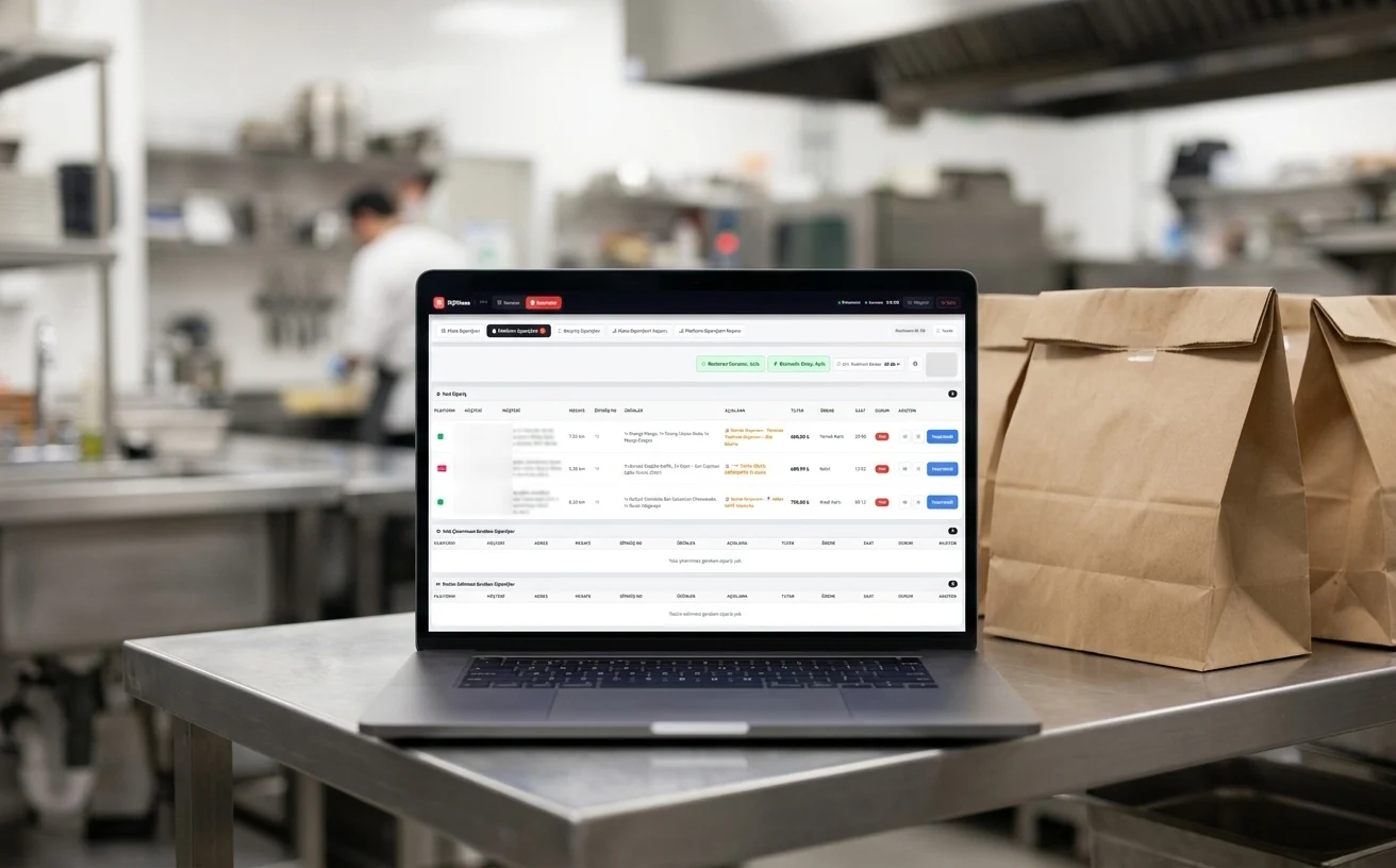 Restoran mutfağında paket servis torbalarının yanında DijiSepet platform siparişleri ekranı