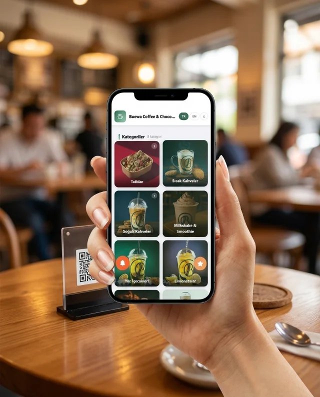 Kafe masasında QR kod standının önünde telefonda açılmış QR menü