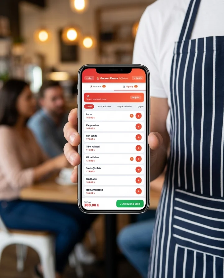Garsonun telefonunda DijiMasa ürün seçme ekranı