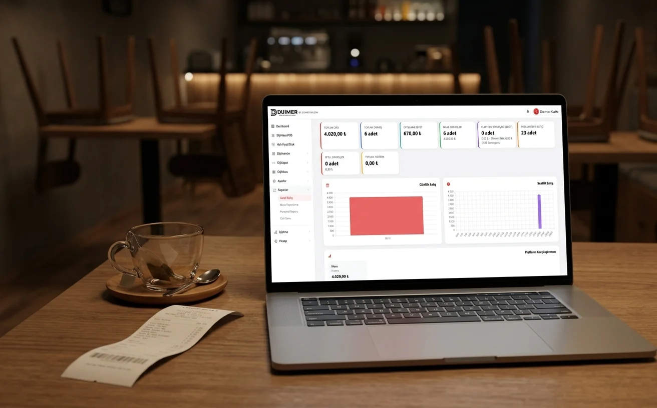 Kapanışta kafe masasındaki laptopta DijiMasa satış raporu