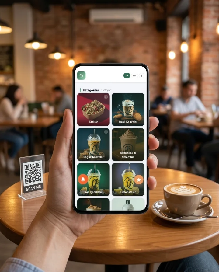 Kafede müşterinin telefonunda DijiMenüm QR menü kategori ekranı