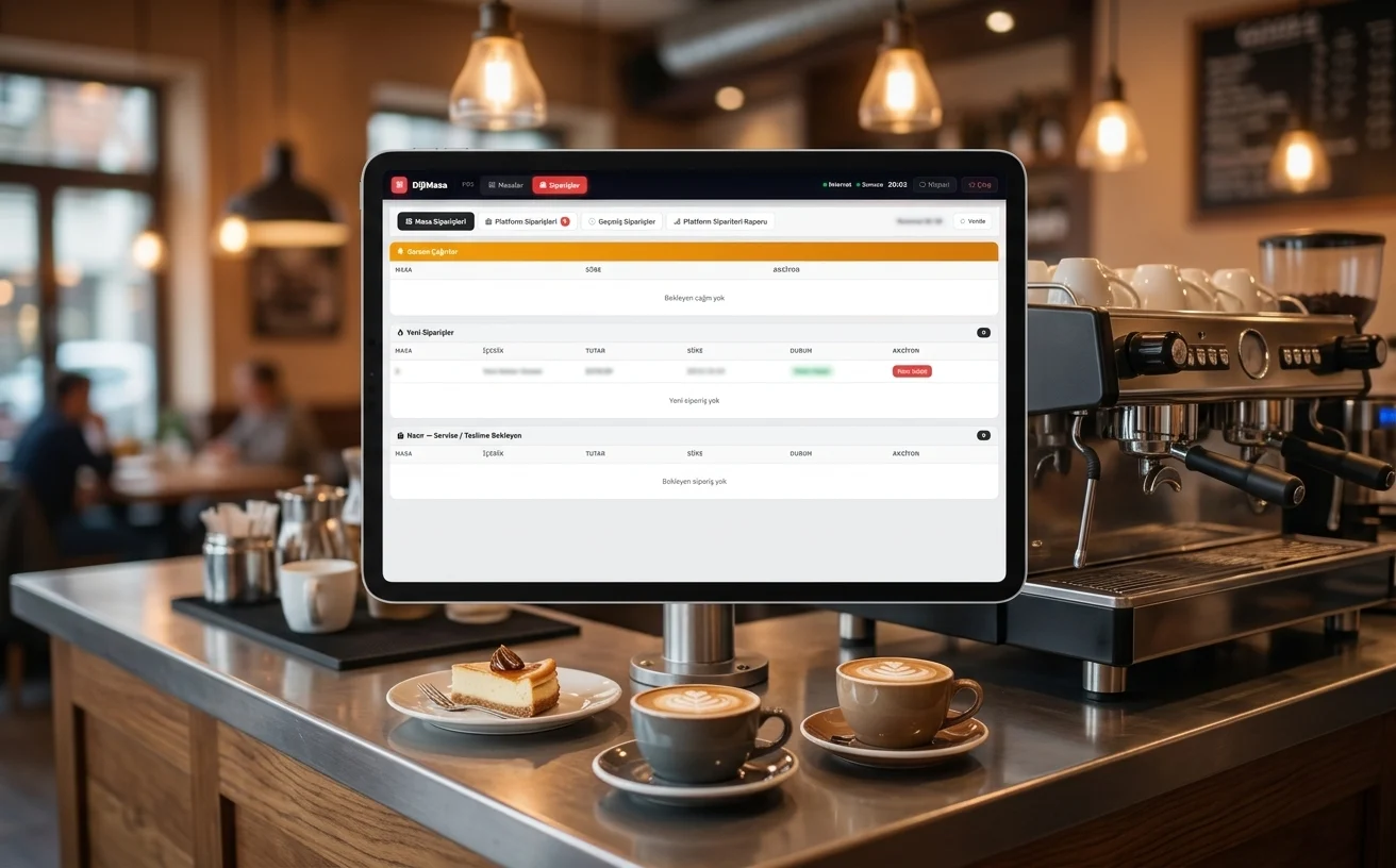 Kafe tezgâhındaki tablette masa siparişleri ekranı