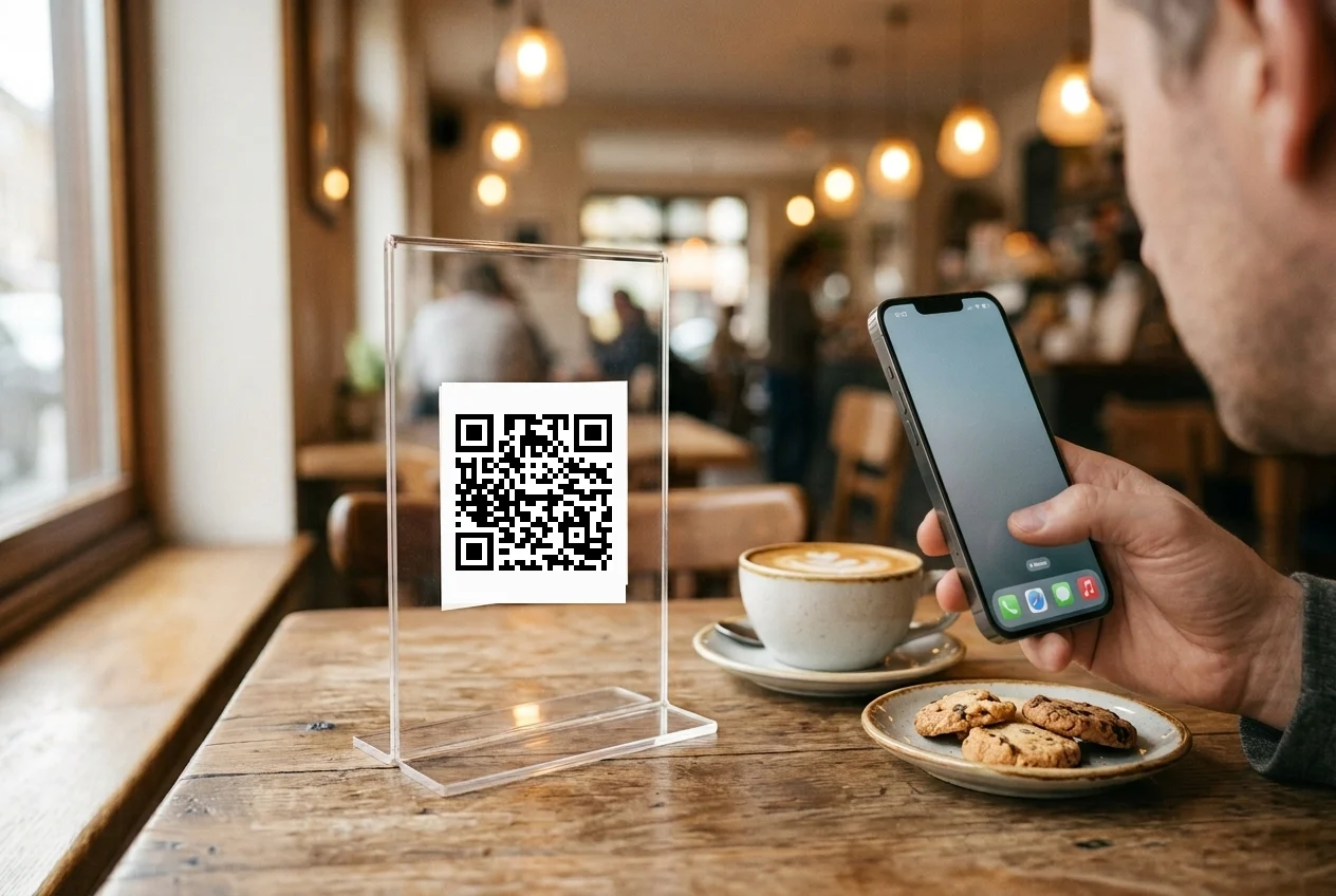 Kafe masasındaki QR kod standını telefonla okutan müşteri