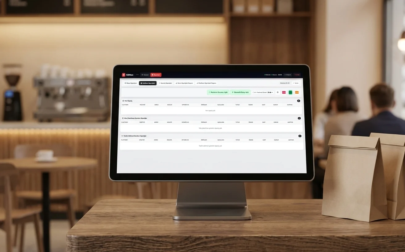 Kafe tezgâhındaki kioskta DijiSepet platform siparişleri ekranı