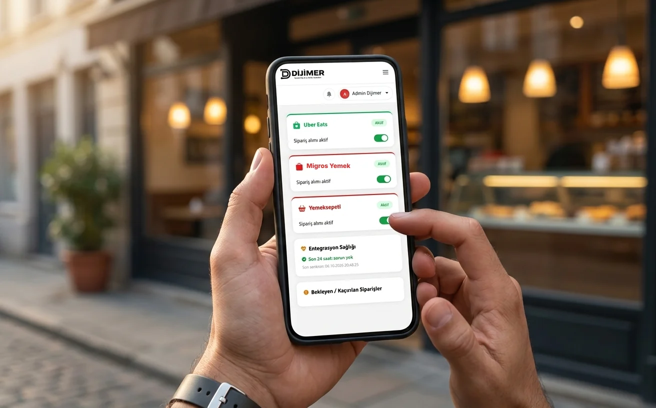 Restoran önünde telefonda DijiSepet platform kontrol ekranı